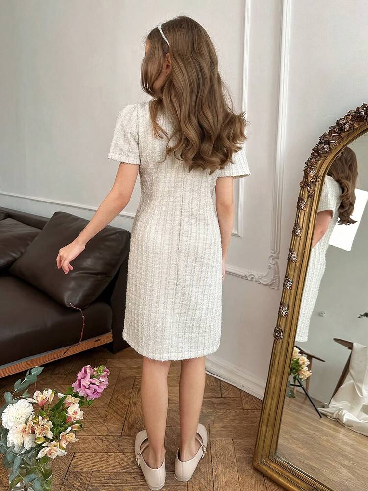 Tween Girls Square Neck Short Sleeve Front Button Elegant Summer Dress