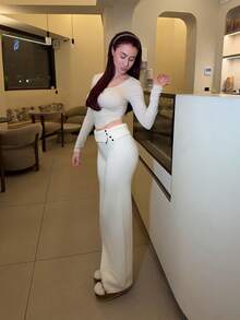 Abrilcols Women's Autumn And Winter Clothing Home Simple Comfortable Sweet Casual Thermal Lined Warm White Double-Layer Waist Design Buttons Asymmetrical Beige Simple Sweater Trousers, Daily Wear,Fall - White - View 4