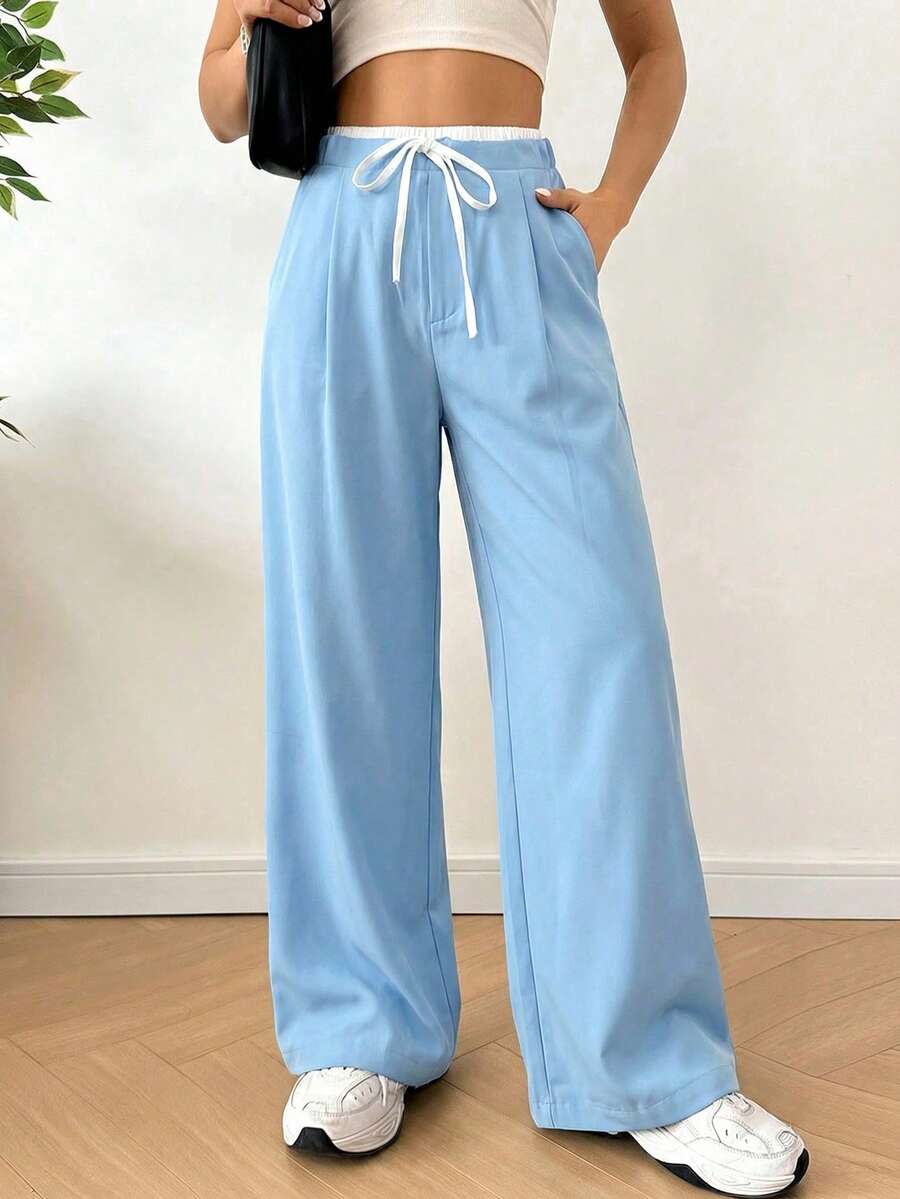 SHEIN EZwear 女士撞色抽绳休闲褶皱口袋宽松裤 - 藍色 - 查看 1