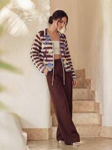 Anewsta Cárdigan con cierre delantero de corbata, con patrón de rayas y ribete de contraste con motivos de vida marina - Multicolor - Ver 6