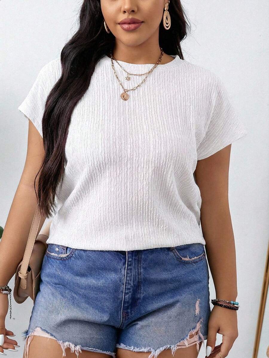 SHEIN LUNE Plus Size Women Summer Casual Commuting Simple Versatile Solid Color Textured Fabric Batwing Short Sleeve Top - White - View 1