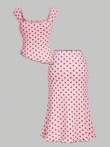 SHEIN MOD Bộ đồ 2 mảnh cỡ lớn màu hồng và đen chấm bi thắt nơ: Áo vạt lệch và chân váy đuôi cá, trang phục 2 mảnh kiểu vintage. - Màu Hồng baby - Xem 2