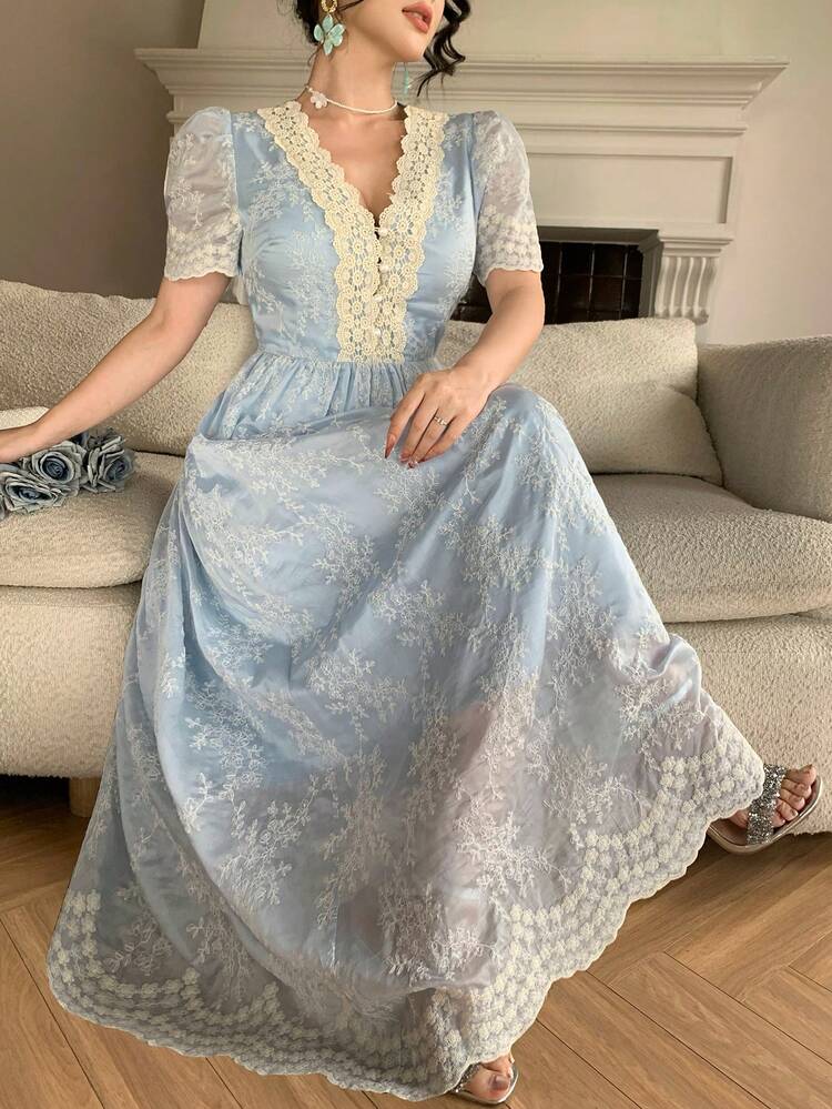 Women's V-Neck Lace Patchwork Short Sleeve Waist Cinched Casual Elegant Long Dress Maxi Dress Sundress