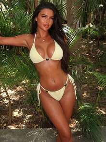 Bonvoyette Bộ 2 món bikini nữ không gọng, màu trơn, kiểu buộc dây cổ, hở lưng, gợi cảm. - Màu vàng - Xem 3