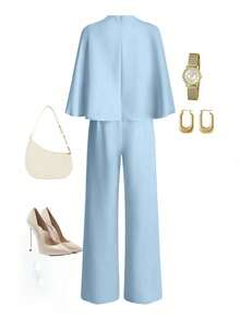 Pariaura 女士冬季法式优雅设计圆领披肩领金属扣腰带修身休闲连体裤 - 淺藍色 - 查看 2