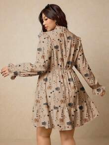 Elaquor Vestido casual de manga larga con cuello de lazo, volantes y estampado floral para mujer de talla grande, apto para primavera/invierno - Multicolor 2 - Ver 3