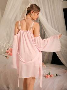 性感网纱爱心睡衣套装，私密卧室情趣内衣套装，可爱少女睡衣套装 - 粉色 - 查看 2