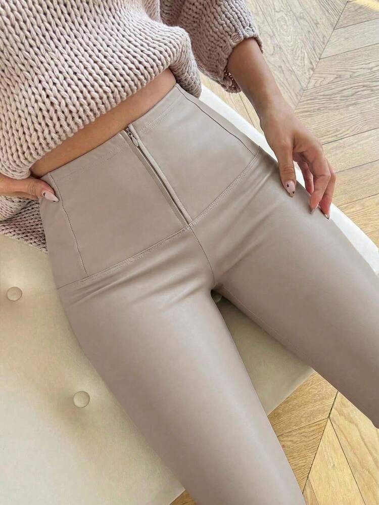 Firerie Pantalones ajustados de cuero sintético y piel sintética de cintura media, con cremallera para levantar el trasero, elegantes, casuales y versátiles, adecuados para el otoño, otoño/invierno, aeropuerto, maestros y uso en la oficina - Beis - Añade 4