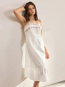 Ocili Women's Contrast Lace Ruffle Elegant Camisole Nightgown - White - View 3