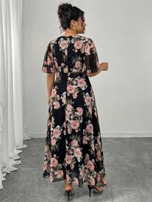 Modelyn Plus Size Women Elegant Round Neck Ruffle Flare Sleeve Fitted Flowy Chiffon Dress, Spring/Summer - Multicolor - View 2