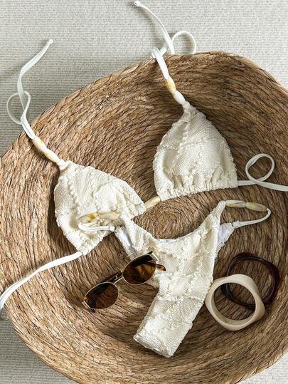  Swim Mod 2-Piece Solid Color Textured Fabric Beaded Halter Triangle Bikini Top And Bottoms Sexy Women Swimwear Set Cream Bikini Textured Bikini