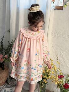 LMoss Kids 少女花卉印花荷葉邊休閒度假日常洋裝 - 粉色 - 查看 2