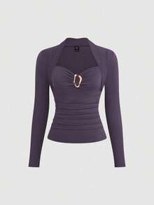 Sweetra Kaos Ukuran Besar Warna Polos Kerah Bentuk Hati Lengan Panjang dengan Hiasan Pinggang yang Dikencangkan - Purple - View 1