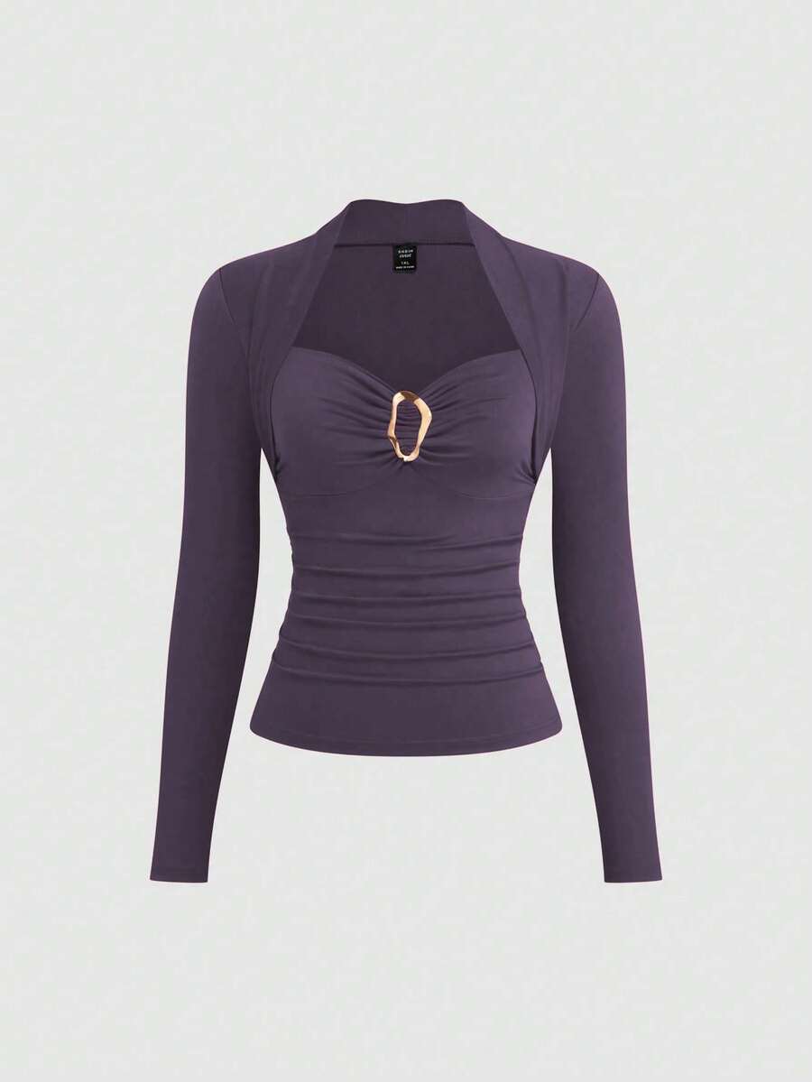 Sweetra Kaos Ukuran Besar Warna Polos Kerah Bentuk Hati Lengan Panjang dengan Hiasan Pinggang yang Dikencangkan - Purple - View 1