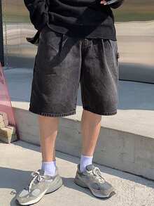 DAZY 男士黑色水洗做旧牛仔短裤，夏季 - 黑色 - 查看 3