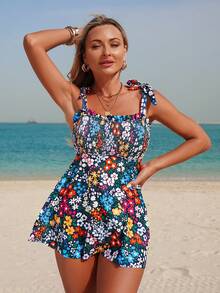 Swim Lushoire 2026 新款女士夏威夷沙滩热带花卉连衣裙，蝴蝶结前系带，时尚成熟修身露背吊带比基尼两件套 - 彩色 - 查看 4