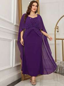 Reflora Plus Size Women Elegant Purple Dress,Formal Wedding Guest Party Dress,Sweetheart Neck Rhinestone & Faux Pearl Decor Bodycon Mermaid Hem,Autumn 2026 - Purple - View 11