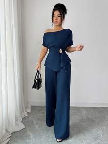 Elenzga 优雅都市时尚新款女士春夏藏蓝色不对称单肩金属扣腰阔腿裤，适合日常穿着、婚礼、晚宴、通勤、毕业派对、节日、约会、聚会、万圣节、圣诞节、新年、感恩节、婚礼女士两件套 - 藏蓝色 - 查看 6