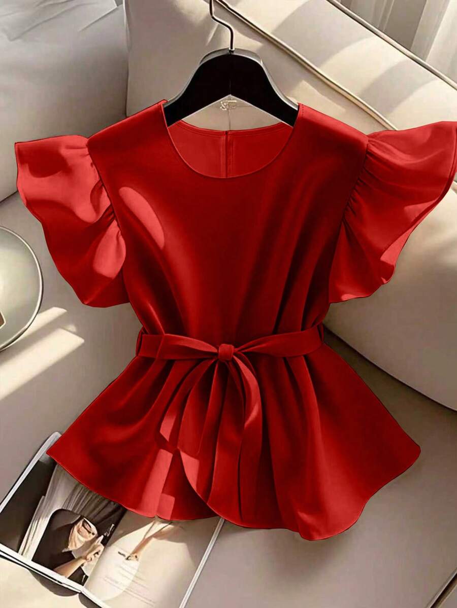 SHEIN Franclia Youya 时尚简约柔软浪漫夏季女式衬衫 - 紅色 - 查看 1