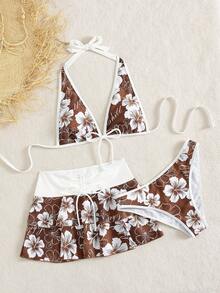 Bellisia Conjunto de 3 piezas de estilo de vacaciones casual para mujer, con falda con estampado de flores, top halter y bikini, para playa y festivales de música de verano - Multicolor - Ver 5