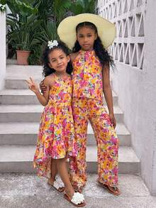 Emery Rose Kids Emery Rose Kids 少女无袖碎花雪纺连衣裙 - 橘色 - 查看 4