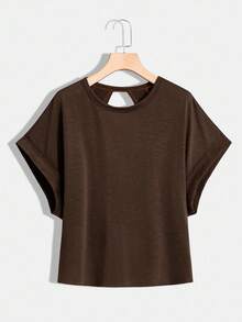 SHEIN Essnce Áo thun ngắn tay màu hồng hở lưng, thoải mái, rộng rãi, thoải mái dành cho nữ cỡ lớn, thời trang xuân hè, mùa hè cho nữ, áo đi chơi, phong cách Y2K, áo đi xem hòa nhạc, áo hở lưng, thời trang đường phố, áo hở lưng, áo dễ thương tôn dáng. - màu nâu - Xem 2