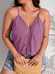 SHEIN Frenchy Camiseta suelta de talla grande con tirantes finos y parches de encaje de unicolor - Morado - Ver 4