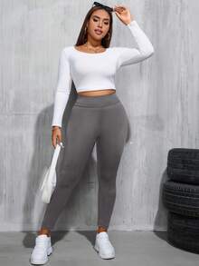 SHEIN Essnce Plus Size Women's Spring And Autumn Leisure Sports High Waist High Elastic Comfortable Black Slim Leggings,Women Bottom,Street Wear,Curve Pants,Basics Pants,Fall Outfits,Y2k Pants - Grey - View 5