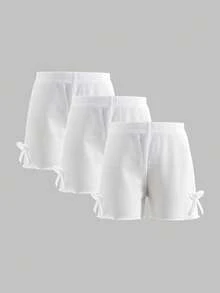 3条装女童白色弹力腰骑行短裤，女童短裤，女童骑行短裤，幼儿骑行短裤，3条装短裤，少女打底裤，3条装女童短裤 - 白色 - 查看 2