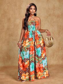 Brilight Women's Elegant Party Wear, Sexy, Casual, Vacation, Beach, Music Festival, Thanksgiving, Easter, Sunbathing, Stretchy Ruched Criss-Cross Halter Neck Jumpsuit, Loose Fit With Side Slits, Irregular Pattern Print, Sleeveless Long Jumpsuit. - Multicolor - View 7