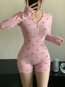 DAZY 女士爱心印花V领长袖连体衣，修身运动上衣，适合春、夏、秋季穿着，女士休闲套装 - 珊瑚粉 - 查看 5