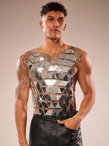 FeverCity Áo tank top nam thời trang bằng acrylic bóng, khoét rỗng - Bạc - Xem 4