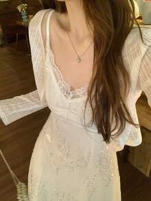 DAZY Women's White Sequin Lace V-Neck Bodycon Slip Dress, Autumn New Arrival Minimalist Sexy Mini Dress With Cardigan 2-Piece Set - White - View 1