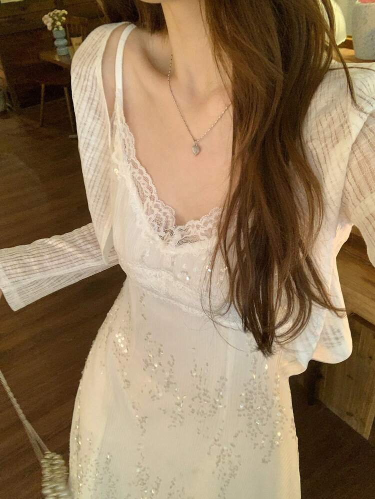 Women's White Sequin Lace V-Neck Bodycon Slip Dress, Autumn New Arrival Minimalist Sexy Mini Dress With Cardigan 2-Piece Set
