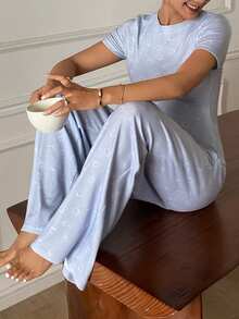 DAZY Cute Apple Print All-Over Knit Women Pajama Set - Blue - View 5