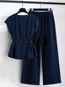 Linhara Plus Size Women Navy Blue 2 Pieces Set,Elegant Summer Vacation Ruffle Sleeve Round Neck Cinched Waist Beaded Shirt & Loose Elastic Wide Leg Pants Set - Blue - View 2