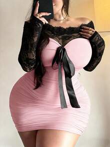 Vibekara 大码女士优雅露肩蕾丝长袖修身迷你连衣裙 - 粉色 - 查看 1