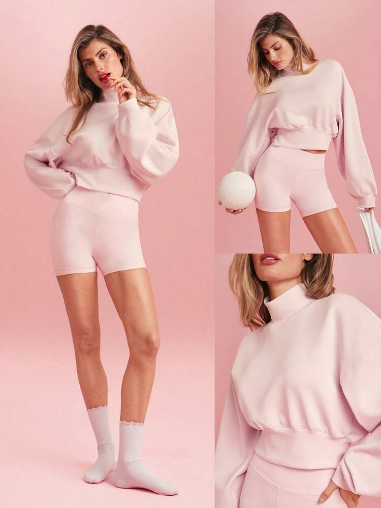 Modal Soft Warm Curved Bubble Hem Waist Length Oversized Ribbed Cuffs High Neck Pullover Sweatshirt Daily