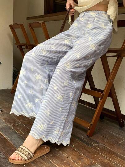 DAZY Pantalones casuales de mujer con cintura elástica, con rayas y bordado floral, adecuados para vacaciones y estilo de vida urbano