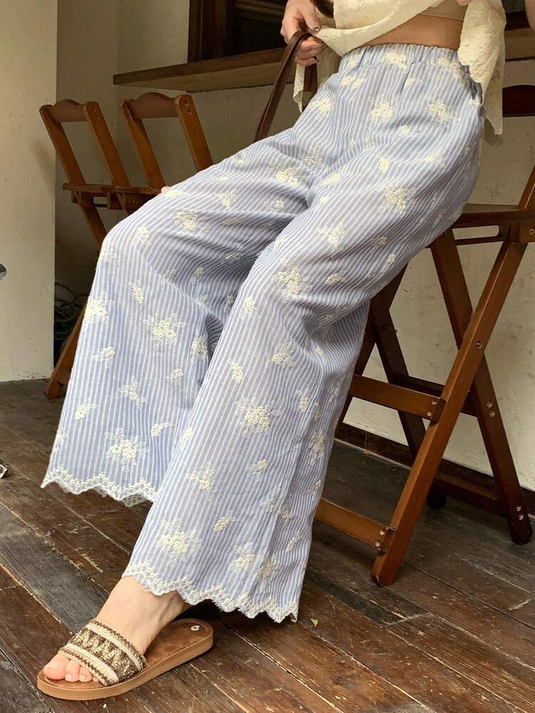 Women's Elastic Waist Striped Floral Embroidered Casual Pants, Suitable For Vacation And Urban Lifestyle Boho