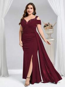 Coutiva 大码优雅亮片装饰高开衩正式晚礼服 - 酒紅色 - 查看 3