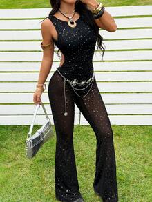 SHEIN EZwear Mesh & Sequin Sleeveless Bodycon Jumpsuit For Women - Black - View 5