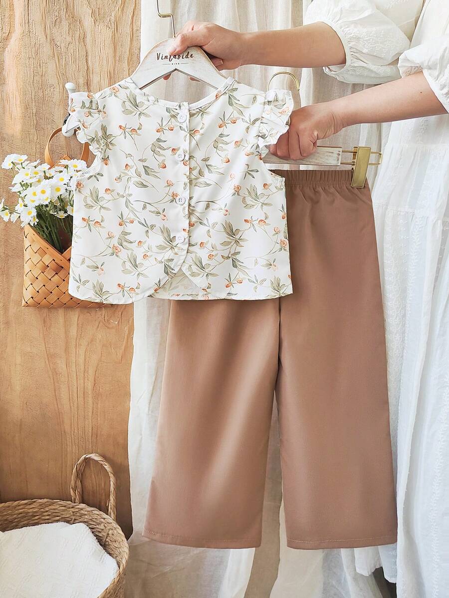 Vintaside Kids 女童复古碎花印花短袖纽扣后背T恤衫和休闲裤套装 - 杏色 - 查看 1