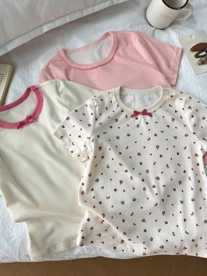 DAZY Young Girls Round Neck Short Sleeve Comfortable Breathable Casual Loungewear, Summer