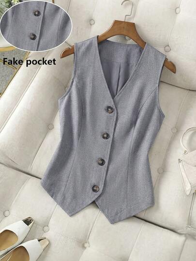EMERY ROSE Women's Summer Commuter Casual Front Button V-Neck Thin Vest Summer Outfits Spring Outfit Women Gray Tailored Vest Women Old Money Style Women Work Outfits For Women Office Casual