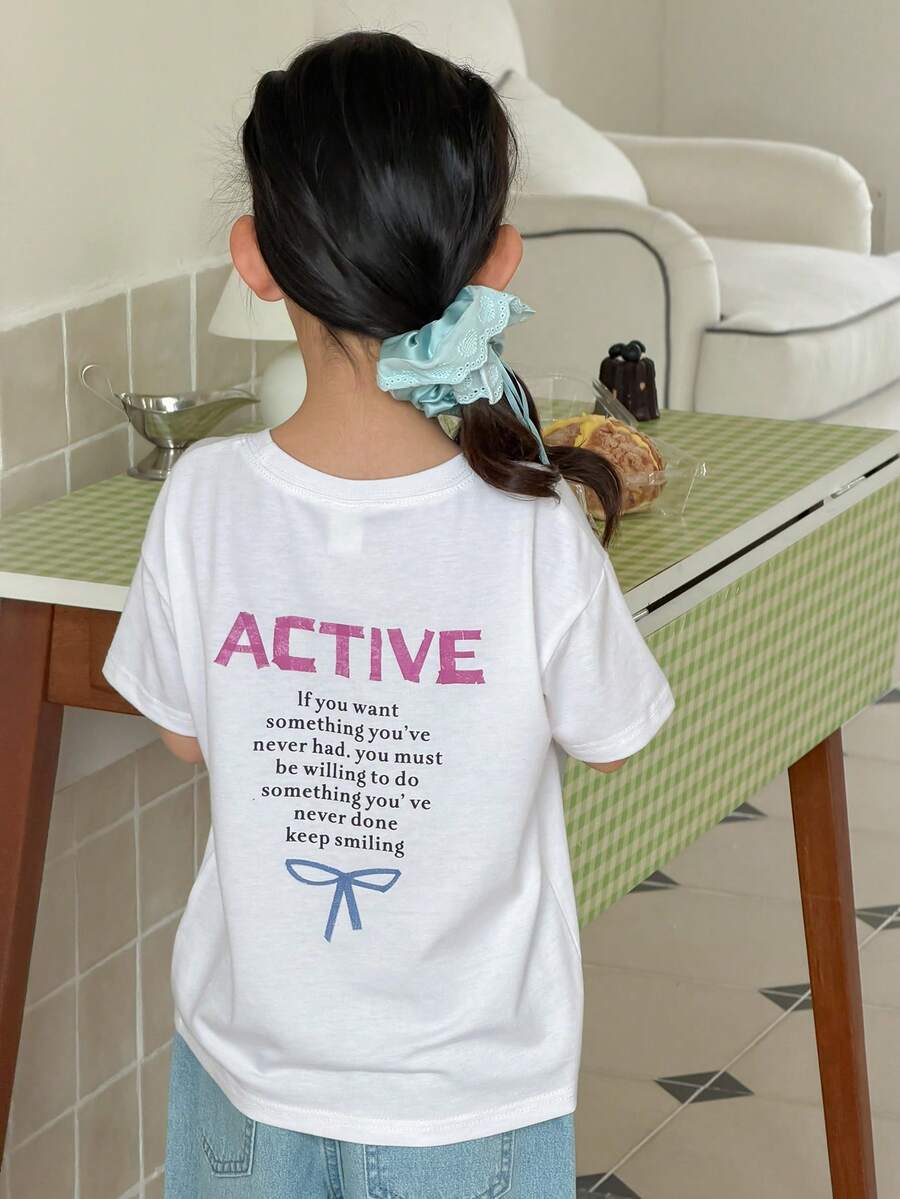 DAZY Young Girl Slogan Bow Print Round Neck Short Sleeve Casual T-Shirt - White - View 1