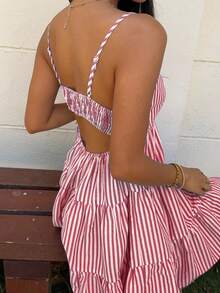 MainGRL 红色条纹针织吊带连衣裙，女士夏季连衣裙，吊带连衣裙，红色连衣裙 - 紅色 - 查看 7