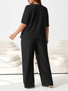 Solflare Plus Size Women's Casual Everyday Commute Simple Solid Color Ribbed Knit Short Sleeve Top And Wide Leg Pants 2 Pieces Set, Spring/Summer/Autumn - Black - View 2