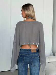 SHEIN EZwear 春夏新款灰色雪纺罩衫，女士透视长袖上衣，灰色上衣，透视上衣，喇叭袖露脐上衣，透视上衣，透视长袖上衣，透视上衣，夏季上衣，女士露脐上衣，女士上衣，女士透视长袖上衣，女士休闲上衣 - 灰色 - 查看 2