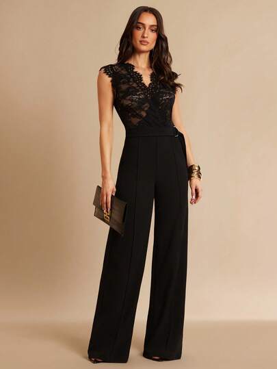 Silquee This Elegant Black Sleeveless Jumpsuit With Lace Trim And A Metal Buckle Belt Is Perfect For Parties And Work. Suitable For Various Occasions, Including Elegant Parties, Date Nights, Valentine's Day, Girls' Gatherings, Formal Dinners, Graduations, Weddings, Banquets, And More. Summer Jumpsuits, Elegant Wide-Leg Jumpsuits For Parties.